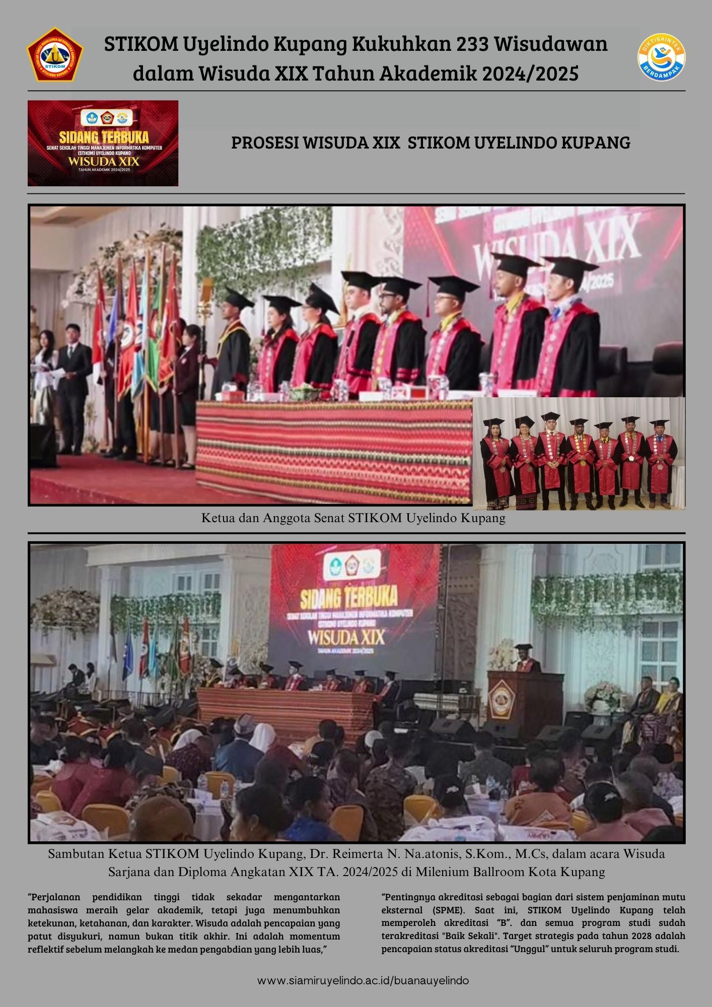 STIKOM Uyelindo Kupang Kukuhkan 233 Wisudawan dalam Wisuda XIX Tahun Akademik 2024/2025